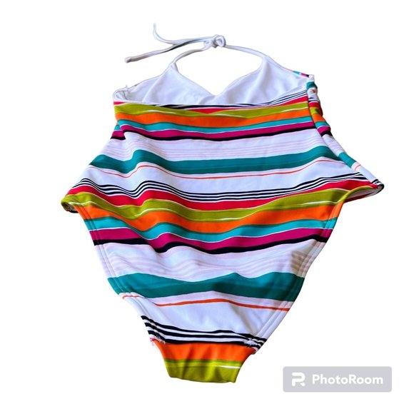 LOFT Beach Swimsuit Size 4 Striped One Piece Halter Shelf Bra V Neck New… - Picture 5 of 12